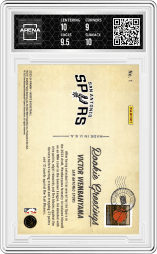 Victor Wembanyama from the 2023-24 Panini NBA Hoops set featuring a Winter parallel graded by Arena Club and given an overall grade of 9.5.