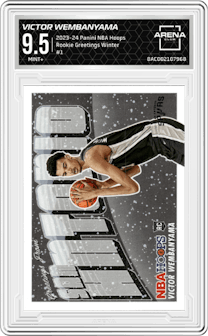 Victor Wembanyama from the 2023-24 Panini NBA Hoops set featuring a Winter parallel graded by Arena Club and given an overall grade of 9.5.