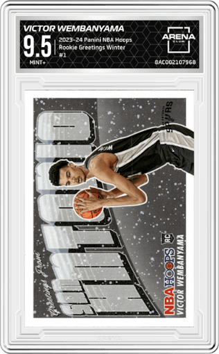 Victor Wembanyama from the 2023-24 Panini NBA Hoops set featuring a Winter parallel graded by Arena Club and given an overall grade of 9.5.