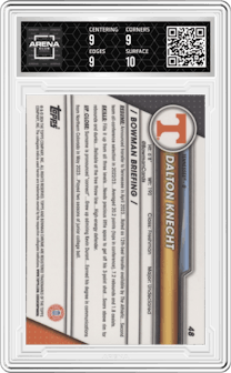 Dalton Knecht  from the 2023-24 Bowman U Chrome set featuring a Fuchsia Refractor parallel graded by Arena Club and given an overall grade of 9.5.