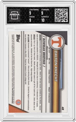 Dalton Knecht  from the 2023-24 Bowman U Chrome set featuring a Fuchsia Refractor parallel graded by Arena Club and given an overall grade of 9.5.