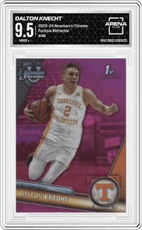 Dalton Knecht  from the 2023-24 Bowman U Chrome set featuring a Fuchsia Refractor parallel graded by Arena Club and given an overall grade of 9.5.