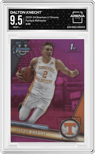 Dalton Knecht  from the 2023-24 Bowman U Chrome set featuring a Fuchsia Refractor parallel graded by Arena Club and given an overall grade of 9.5.