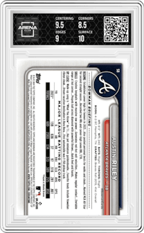 Austin Riley from the 2024 Bowman set featuring a Green parallel graded by Arena Club and given an overall grade of 9.