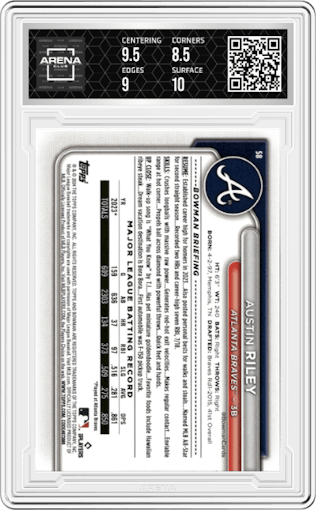 Austin Riley from the 2024 Bowman set featuring a Green parallel graded by Arena Club and given an overall grade of 9.