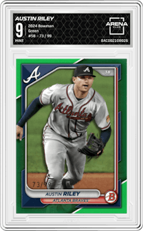 Austin Riley from the 2024 Bowman set featuring a Green parallel graded by Arena Club and given an overall grade of 9.