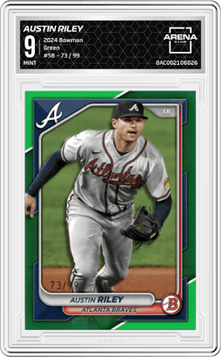 Austin Riley from the 2024 Bowman set featuring a Green parallel graded by Arena Club and given an overall grade of 9.