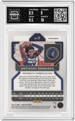 Anthony Edwards from the 2021-22 Panini Prizm  set featuring a Red/White/Blue Prizm parallel graded by Arena Club and given an overall grade of 9.