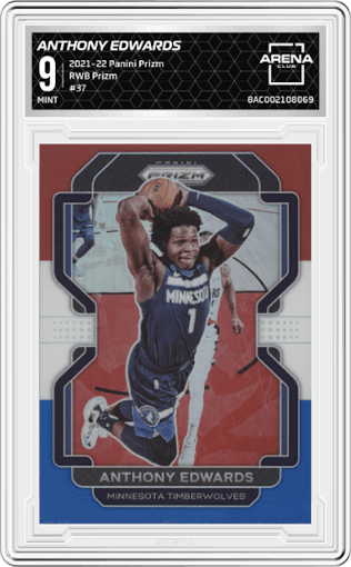 Anthony Edwards from the 2021-22 Panini Prizm  set featuring a Red/White/Blue Prizm parallel graded by Arena Club and given an overall grade of 9.