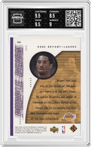 Kobe Bryant from the 2000-01 Upper Deck set graded by Arena Club and given an overall grade of 9.