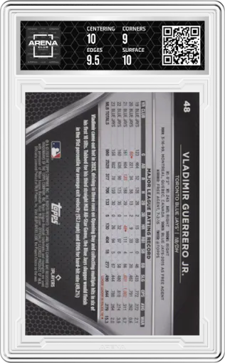Vladimir Guerrero Jr. from the  2024 Topps Chrome Black set featuring a Blue Refractor parallel graded by Arena Club and given an overall grade of 9.5.