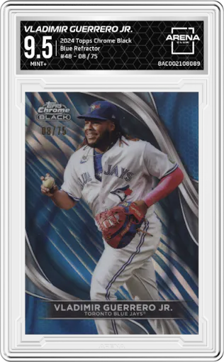 Vladimir Guerrero Jr. from the  2024 Topps Chrome Black set featuring a Blue Refractor parallel graded by Arena Club and given an overall grade of 9.5.