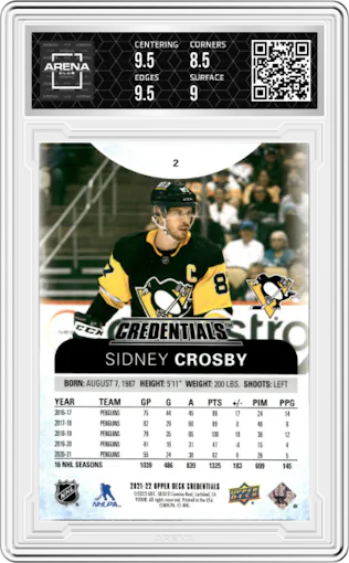 Sidney Crosby from the 2021-22 Upper Deck Credentials set featuring a Neon Green parallel graded by Arena Club and given an overall grade of 9.
