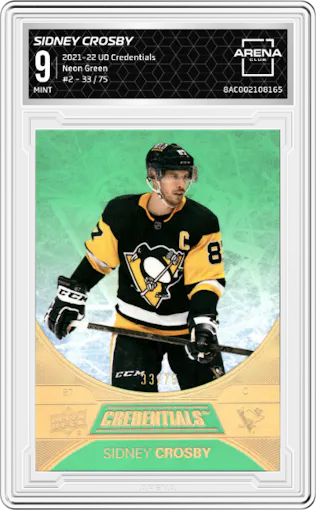 Sidney Crosby from the 2021-22 Upper Deck Credentials set featuring a Neon Green parallel graded by Arena Club and given an overall grade of 9.