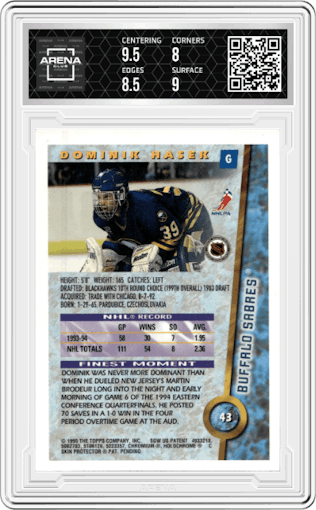 Dominik Hasek from the 1994-95 Topps Finest set graded by Arena Club and given an overall grade of 8.5.