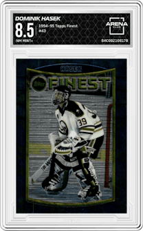 Dominik Hasek from the 1994-95 Topps Finest set graded by Arena Club and given an overall grade of 8.5.