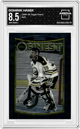 Dominik Hasek from the 1994-95 Topps Finest set graded by Arena Club and given an overall grade of 8.5.