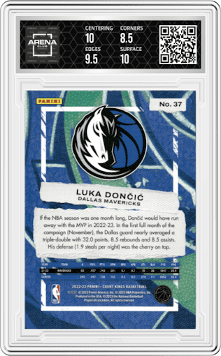 Luka Doncic from the 2022-23 Panini Court Kings set graded by Arena Club and given an overall grade of 9.