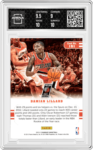 Damian Lillard from the 2012-13 Panini Marquee  set graded by Arena Club and given an overall grade of 9.5.
