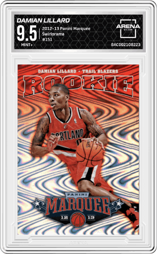 Damian Lillard from the 2012-13 Panini Marquee  set graded by Arena Club and given an overall grade of 9.5.