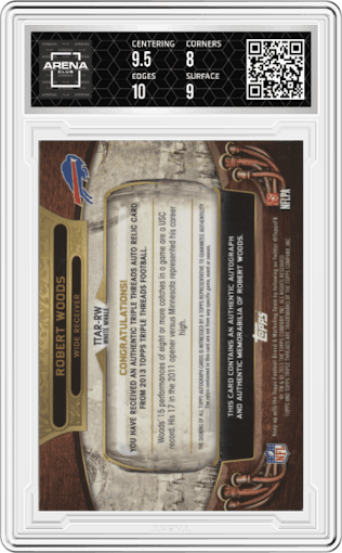 Robert Woods from the 2013 Topps Triple Threads set featuring a White Whale parallel graded by Arena Club and given an overall grade of 8.5.