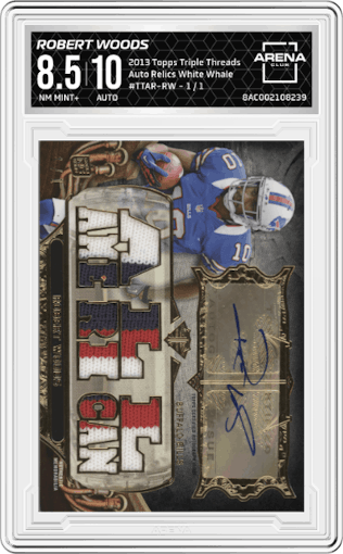 Robert Woods from the 2013 Topps Triple Threads set featuring a White Whale parallel graded by Arena Club and given an overall grade of 8.5.