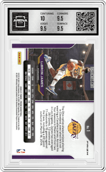 LeBron James from the 2020-21 Panini Prizm set featuring a Red/White/Blue Prizm parallel graded by Arena Club and given an overall grade of 10.