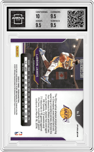 LeBron James from the 2020-21 Panini Prizm set featuring a Red/White/Blue Prizm parallel graded by Arena Club and given an overall grade of 10.