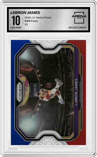 LeBron James from the 2020-21 Panini Prizm set featuring a Red/White/Blue Prizm parallel graded by Arena Club and given an overall grade of 10.