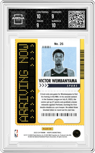 Victor Wembanyama from the 2023-24 Panini NBA Hoops set graded by Arena Club and given an overall grade of 9.5.