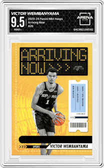 Victor Wembanyama from the 2023-24 Panini NBA Hoops set graded by Arena Club and given an overall grade of 9.5.