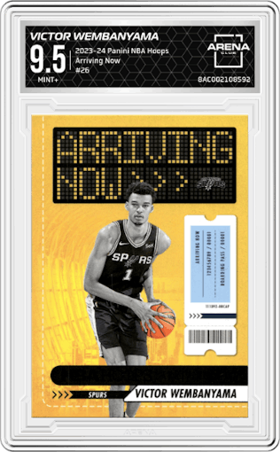 Victor Wembanyama from the 2023-24 Panini NBA Hoops set graded by Arena Club and given an overall grade of 9.5.