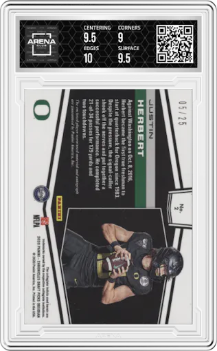 Justin Herbert from the 2020 Panini Obsidian Draft Picks set graded by Arena Club and given an overall grade of 9.5.