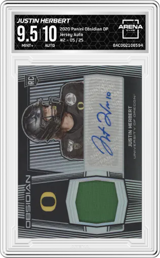 Justin Herbert from the 2020 Panini Obsidian Draft Picks set graded by Arena Club and given an overall grade of 9.5.