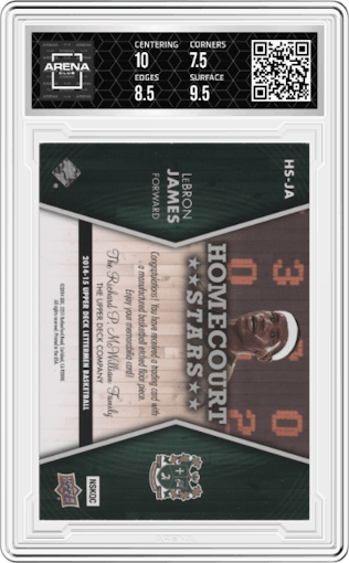 LeBron James from the 2014-15 Upper Deck Lettermen set graded by Arena Club and given an overall grade of 8.