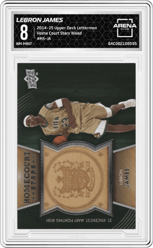 LeBron James from the 2014-15 Upper Deck Lettermen set graded by Arena Club and given an overall grade of 8.