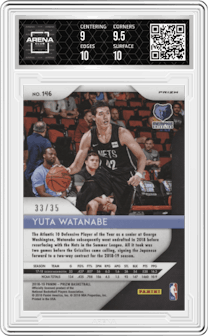 Yuta Watanabe from the 2018-19 Panini Prizm set featuring a Purple Pulsar parallel graded by Arena Club and given an overall grade of 9.5.