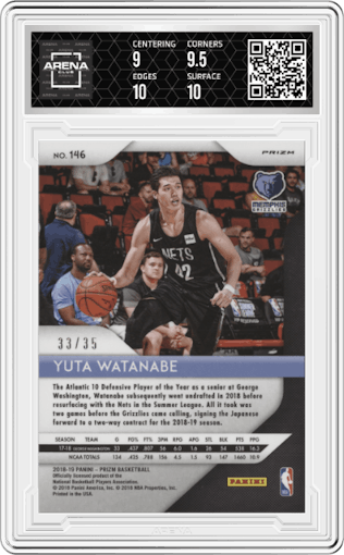 Yuta Watanabe from the 2018-19 Panini Prizm set featuring a Purple Pulsar parallel graded by Arena Club and given an overall grade of 9.5.