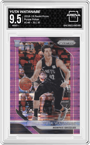 Yuta Watanabe from the 2018-19 Panini Prizm set featuring a Purple Pulsar parallel graded by Arena Club and given an overall grade of 9.5.