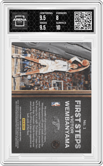 Victor Wembanyama from the 2023-24 Panini Court Kings set graded by Arena Club and given an overall grade of 8.5.