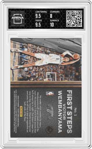 Victor Wembanyama from the 2023-24 Panini Court Kings set graded by Arena Club and given an overall grade of 8.5.