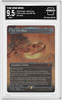 The One Ring from the 2023 Magic-Gathering set featuring a Scene Card Mythic Rare Foil parallel graded by Arena Club and given an overall grade of 9.5.
