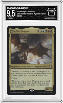 The Ur-Dragon from the 2023 Magic-Gathering set featuring a Mythic Rare Foil parallel graded by Arena Club and given an overall grade of 9.5.