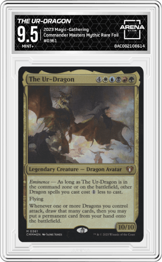 The Ur-Dragon from the 2023 Magic-Gathering set featuring a Mythic Rare Foil parallel graded by Arena Club and given an overall grade of 9.5.
