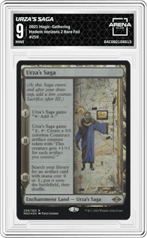 Urza's Saga from the 2021 Magic-Gathering set featuring a Rare Foil parallel graded by Arena Club and given an overall grade of 9.