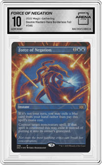 Force of Negation from the 2022 Magic-Gathering set featuring a Rare Borderless Foil parallel graded by Arena Club and given an overall grade of 10.