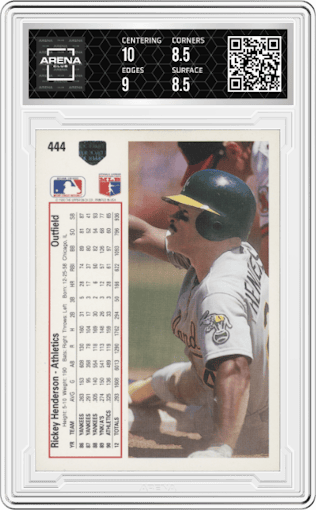 Rickey Henderson from the 1991 Upper Deck set featuring a Variation parallel graded by Arena Club and given an overall grade of 9.