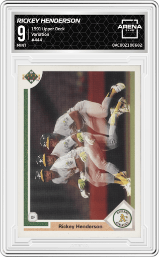 Rickey Henderson from the 1991 Upper Deck set featuring a Variation parallel graded by Arena Club and given an overall grade of 9.