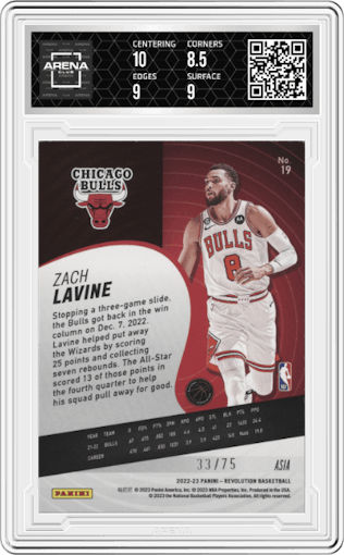 Zach Lavine from the 2022-23 Panini Revolution  set featuring a Asia Holo Silver parallel graded by Arena Club and given an overall grade of 9.