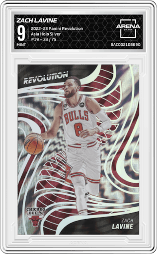 Zach Lavine from the 2022-23 Panini Revolution  set featuring a Asia Holo Silver parallel graded by Arena Club and given an overall grade of 9.
